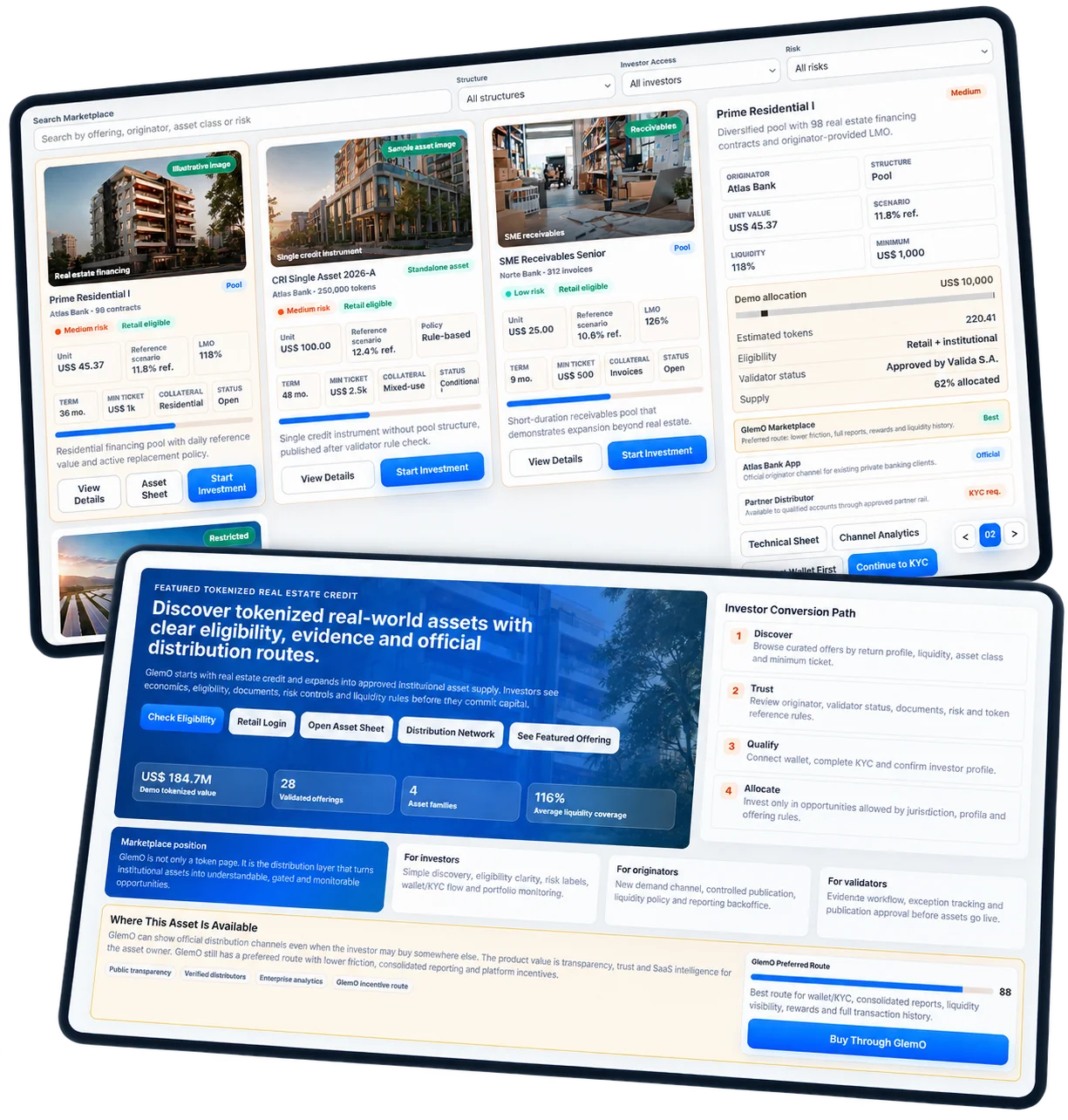 glemO RWA platform mockup showing asset offerings and the investor conversion journey